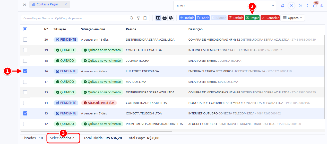 Listagem de Contas a Pagar com duas contas marcadas, o botão Pagar e o total das marcadas no rodapé numerados de 1 a 3