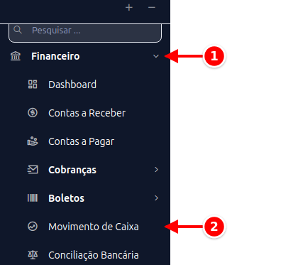 Menu lateral com Financeiro e Movimento de Caixa numerados de 1 a 2