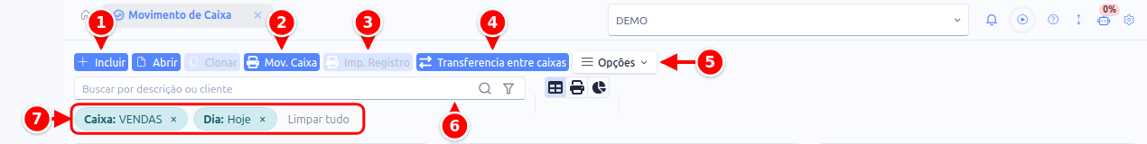 Topo do Movimento de Caixa com os botões, a busca e os filtros numerados de 1 a 7