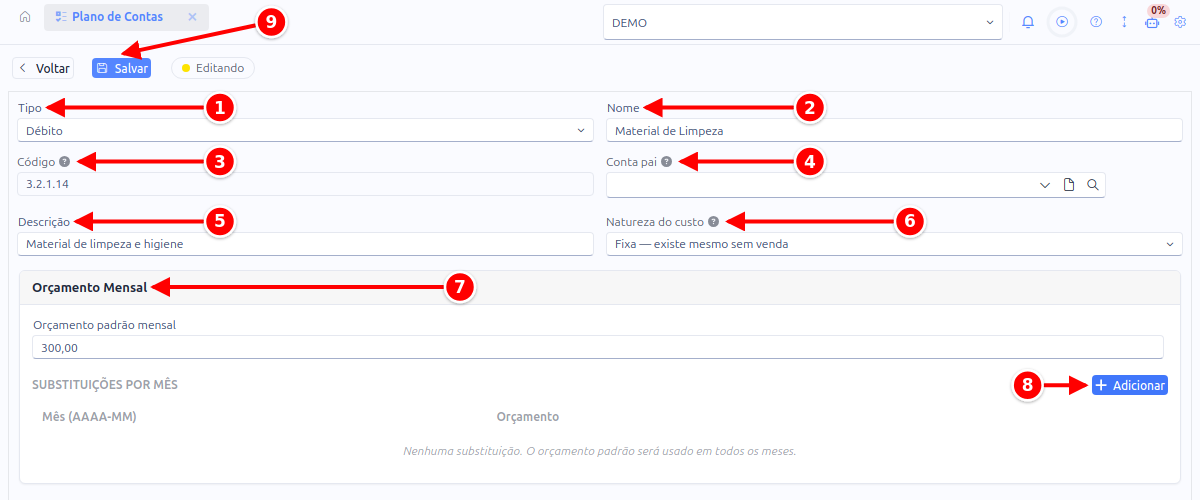 Cadastro de uma conta do plano de contas com o tipo, o nome, o código, a conta pai, a descrição, a natureza do custo, o orçamento mensal e os botões Adicionar e Salvar numerados de 1 a 9