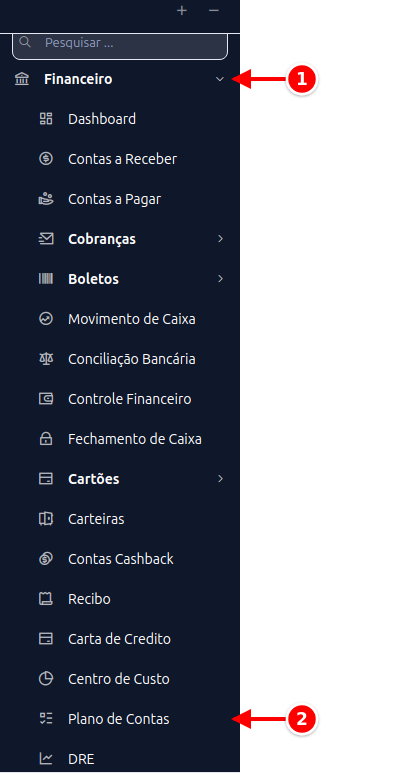 Menu lateral com Financeiro e Plano de Contas numerados de 1 a 2