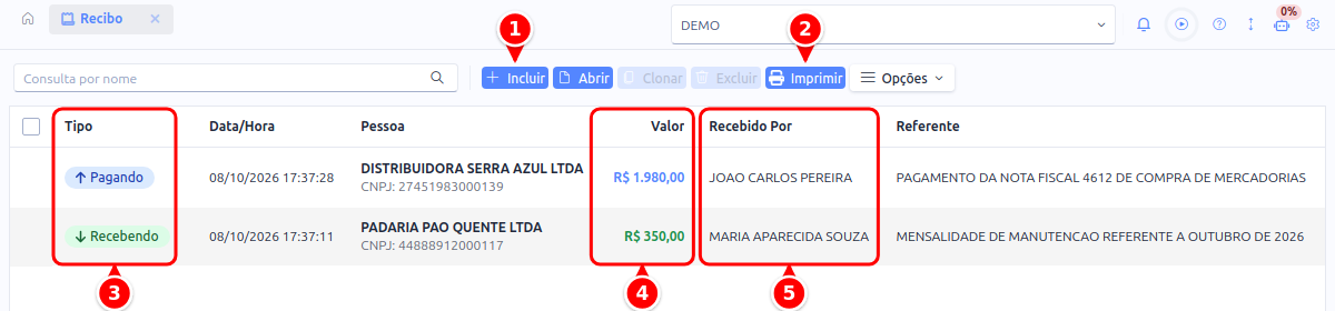 Listagem de recibos com os botões Incluir e Imprimir e as colunas Tipo, Valor e Recebido Por numerados de 1 a 5