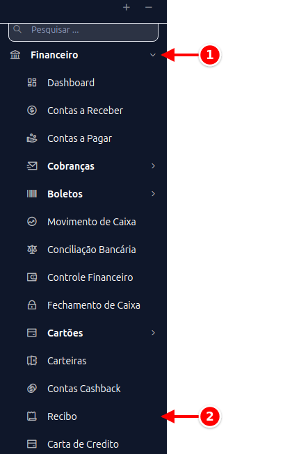 Menu lateral com Financeiro e Recibo numerados de 1 a 2