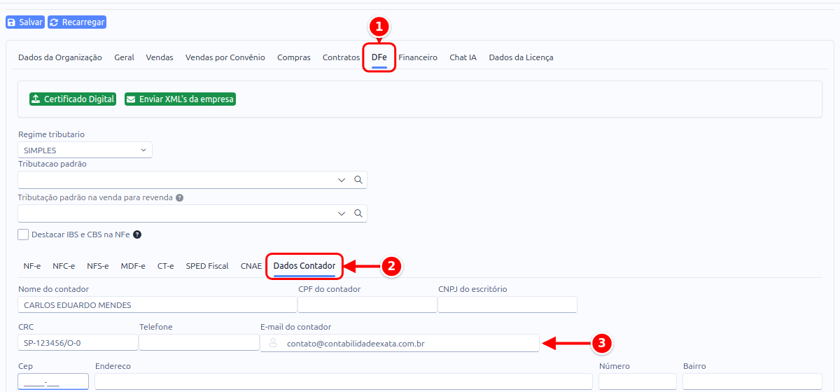 Configuração com a aba DFe, a sub-aba Dados Contador e o campo E-mail do contador numerados de 1 a 3