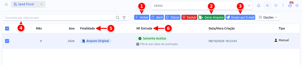 Listagem do SPED Fiscal com os botões Incluir, Gerar Arquivo e Enviar por E-mail, a busca e as colunas Finalidade e NF Entrada numerados de 1 a 6
