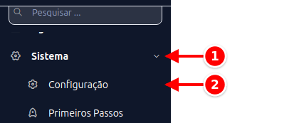 Menu lateral com Sistema e Configuração numerados de 1 a 2