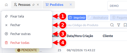 Menu aberto com o botão direito sobre uma aba, com as opções Fixar tela, Fechar, Fechar outras e Fechar todas numeradas de 1 a 4