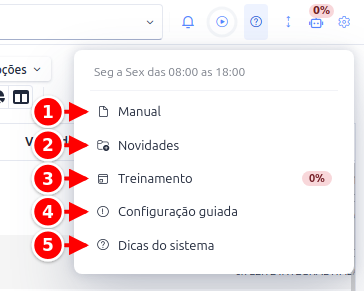 Menu de ajuda aberto com as opções Manual, Novidades, Treinamento, Configuração guiada e Dicas do sistema numeradas de 1 a 5