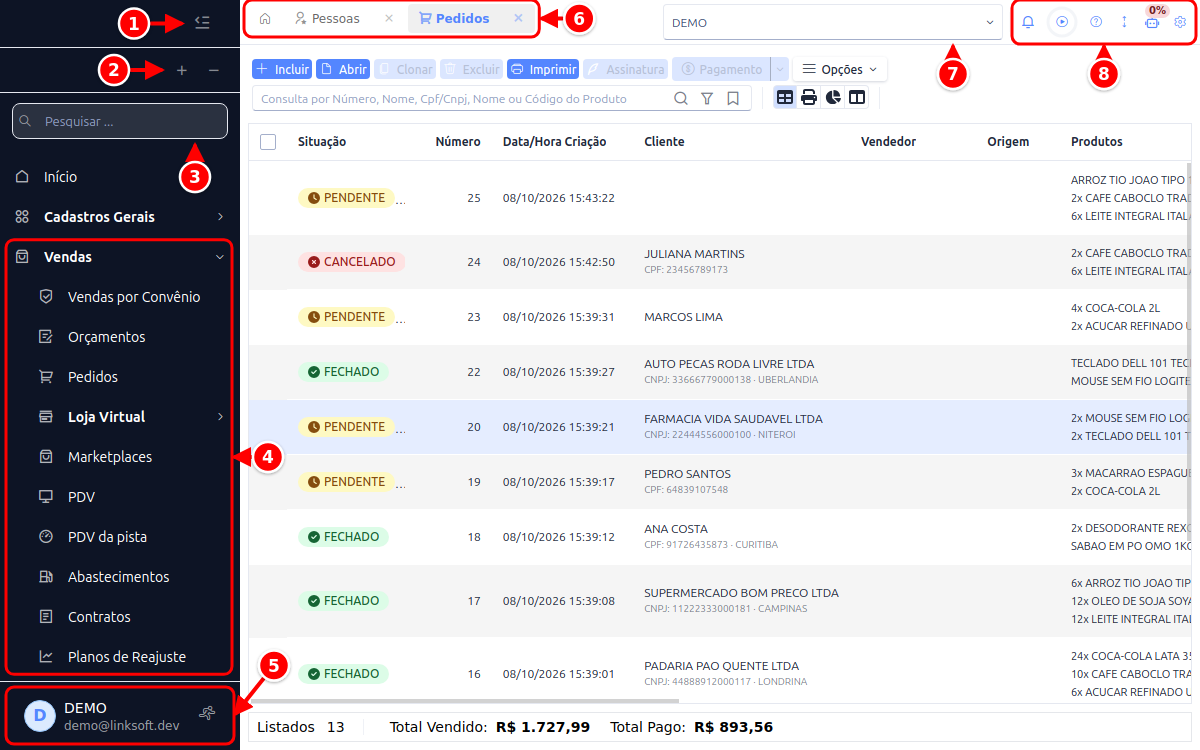 Tela do sistema com o menu lateral, a busca do menu, as abas abertas, o seletor de empresa e os ícones do topo numerados de 1 a 8