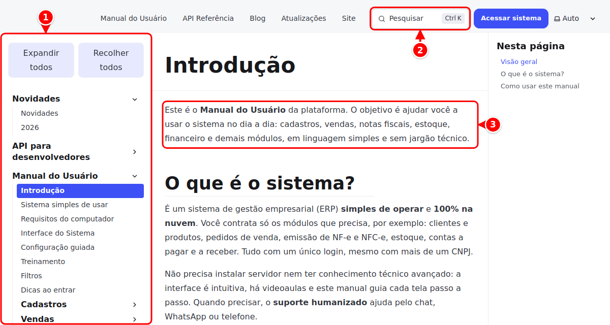 Página do manual com o menu à esquerda, o campo de pesquisa no topo e o conteúdo da página numerados de 1 a 3
