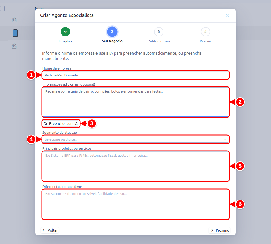 Assistente de criação, etapa 2, com o nome da empresa, as informações adicionais, o botão Preencher com IA, o segmento, os produtos e os diferenciais, numerados de 1 a 6