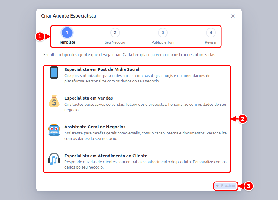 Assistente de criação, etapa 1, com as quatro etapas, os templates e o botão Próximo, numerados de 1 a 3