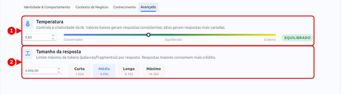 Aba Avançado com a temperatura e o tamanho da resposta, numerados de 1 a 2