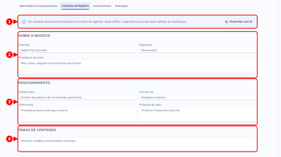 Aba Contexto de Negócio com o aviso e o botão Preencher com IA e os blocos Sobre o negócio, Posicionamento e Temas de conteúdo, numerados de 1 a 4