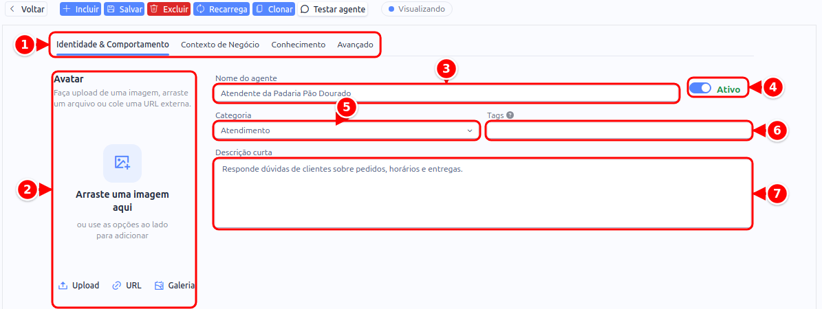 Formulário de um agente com as abas, o avatar, o nome, a chave Ativo, a categoria, as tags e a descrição curta, numerados de 1 a 7