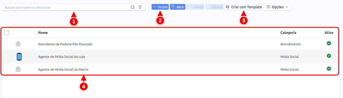 Listagem de agentes de IA com a busca, os botões Incluir e Criar com Template e a grade de agentes, numerados de 1 a 4