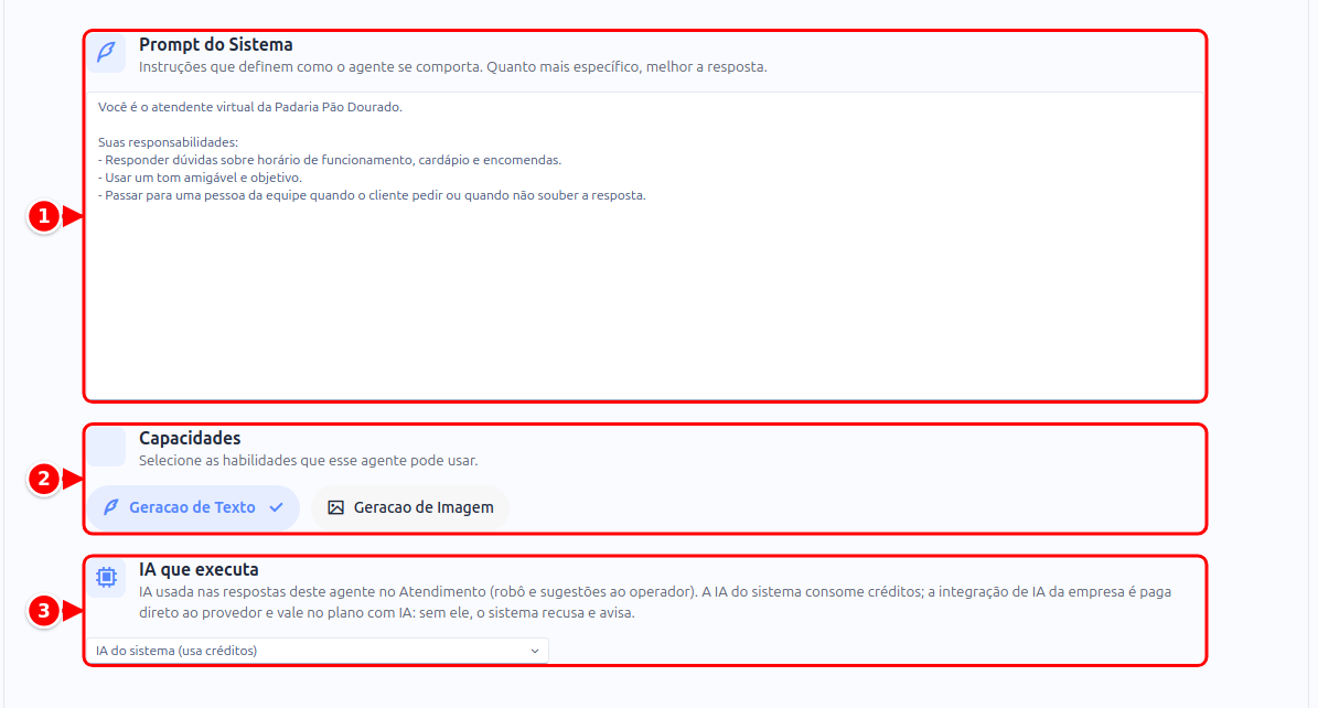 Parte de baixo da primeira aba com o Prompt do Sistema, as Capacidades e o quadro IA que executa, numerados de 1 a 3