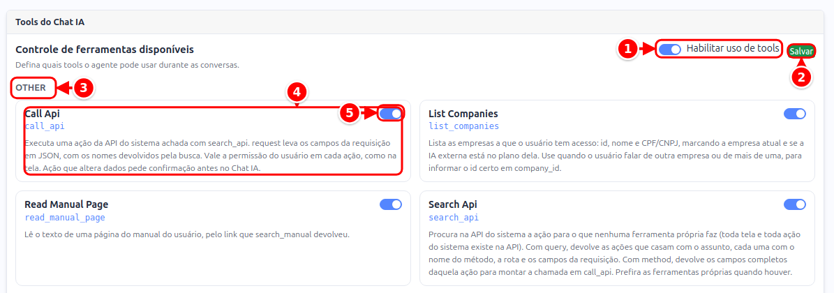 Tela de Configuração do Chat IA com a chave Habilitar uso de tools, o botão Salvar, o nome de uma categoria, o cartão de uma ferramenta e a chave da ferramenta, numerados de 1 a 5