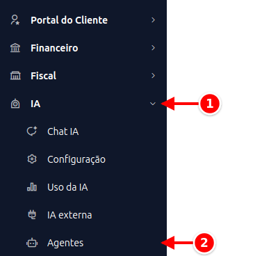 Menu lateral com IA e Agentes numerados de 1 a 2