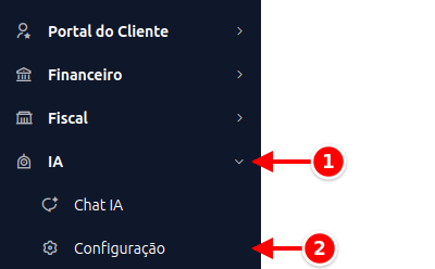 Menu lateral com IA e Configuração numerados de 1 a 2