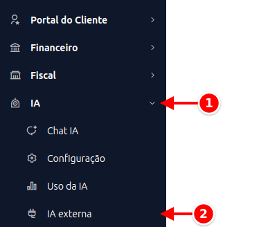 Menu lateral com IA e IA externa numerados de 1 a 2