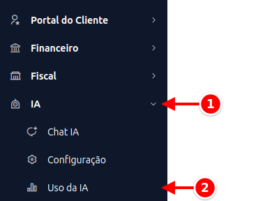 Menu lateral com IA e Uso da IA numerados de 1 a 2