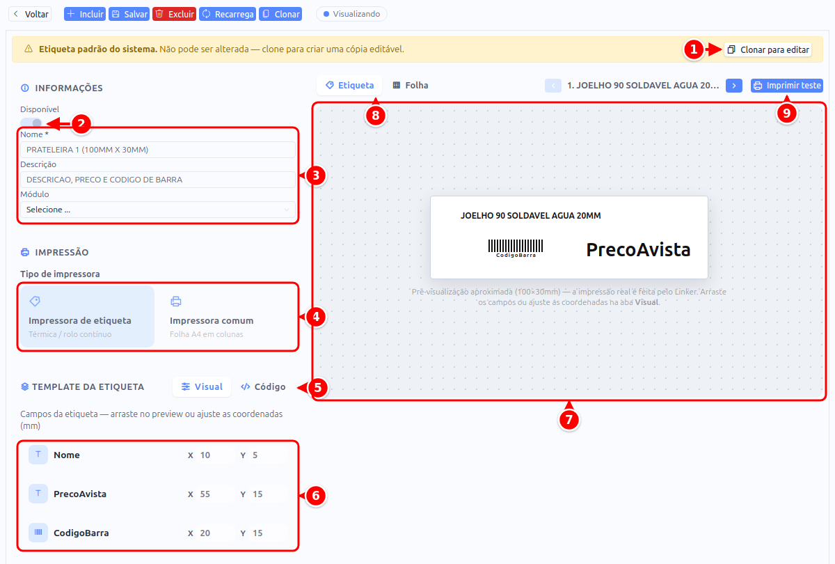 Cadastro de um modelo de etiqueta com o aviso de modelo padrão, as informações, o tipo de impressora, o template, a pré-visualização e o botão Imprimir teste numerados de 1 a 9