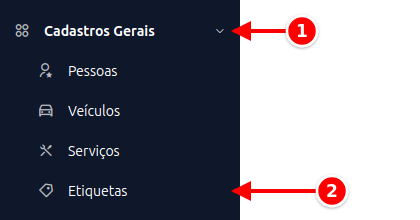 Menu lateral com Cadastros Gerais e Etiquetas numerados de 1 a 2