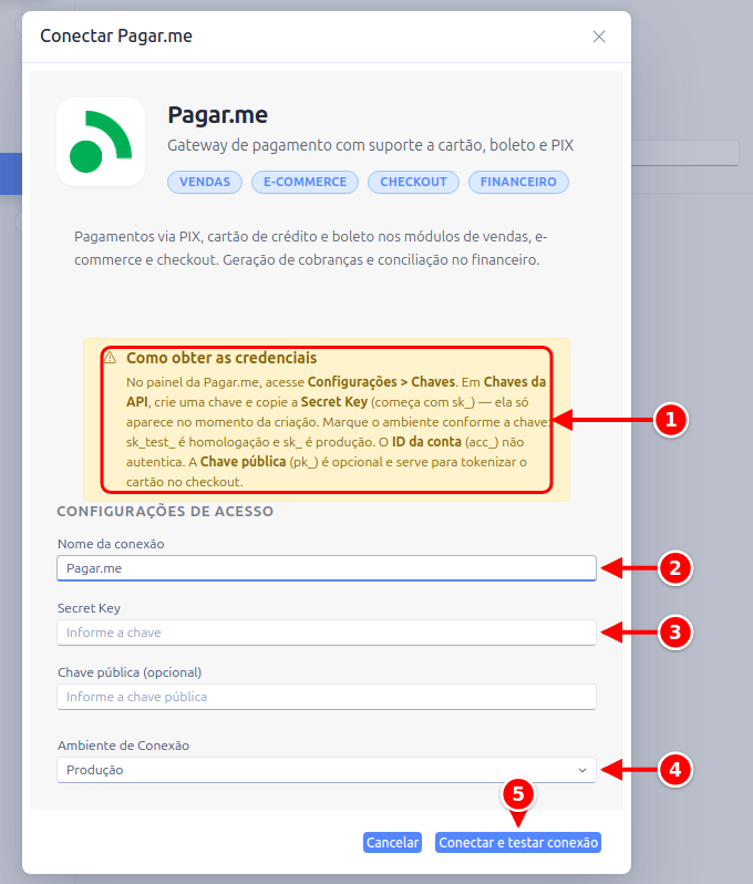 Janela de conexão de uma integração com o aviso Como obter as credenciais, o nome da conexão, a chave, o ambiente e o botão Conectar e testar conexão numerados de 1 a 5