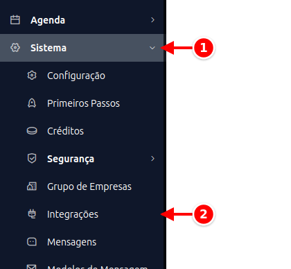 Menu lateral com Sistema e Integrações numerados de 1 a 2