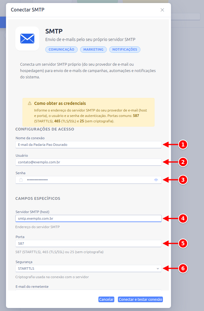 Janela Conectar SMTP com o nome da conexão, o usuário, a senha, o servidor, a porta e a segurança numerados de 1 a 6