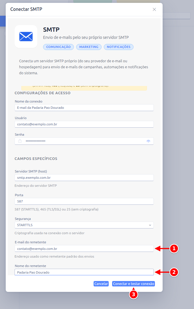 Janela Conectar SMTP rolada até o fim, com o e-mail do remetente, o nome do remetente e o botão Conectar e testar conexão numerados de 1 a 3