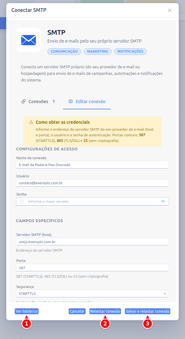 Janela de uma conexão SMTP existente, com os botões Ver histórico, Retestar conexão e Salvar e retestar conexão numerados de 1 a 3