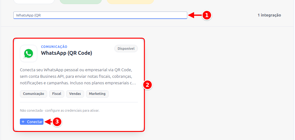 Integrações filtradas por WhatsApp, com a busca, o card WhatsApp (QR Code) e o botão Conectar numerados de 1 a 3