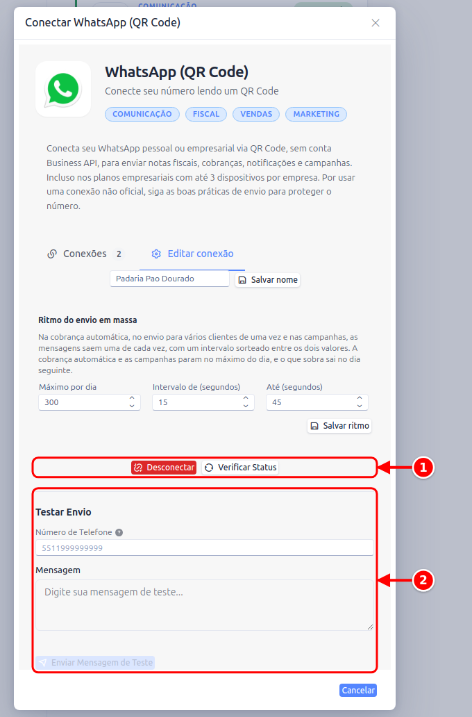Parte de baixo da conexão conectada, com os botões Desconectar e Verificar Status e o teste de envio numerados de 1 a 2