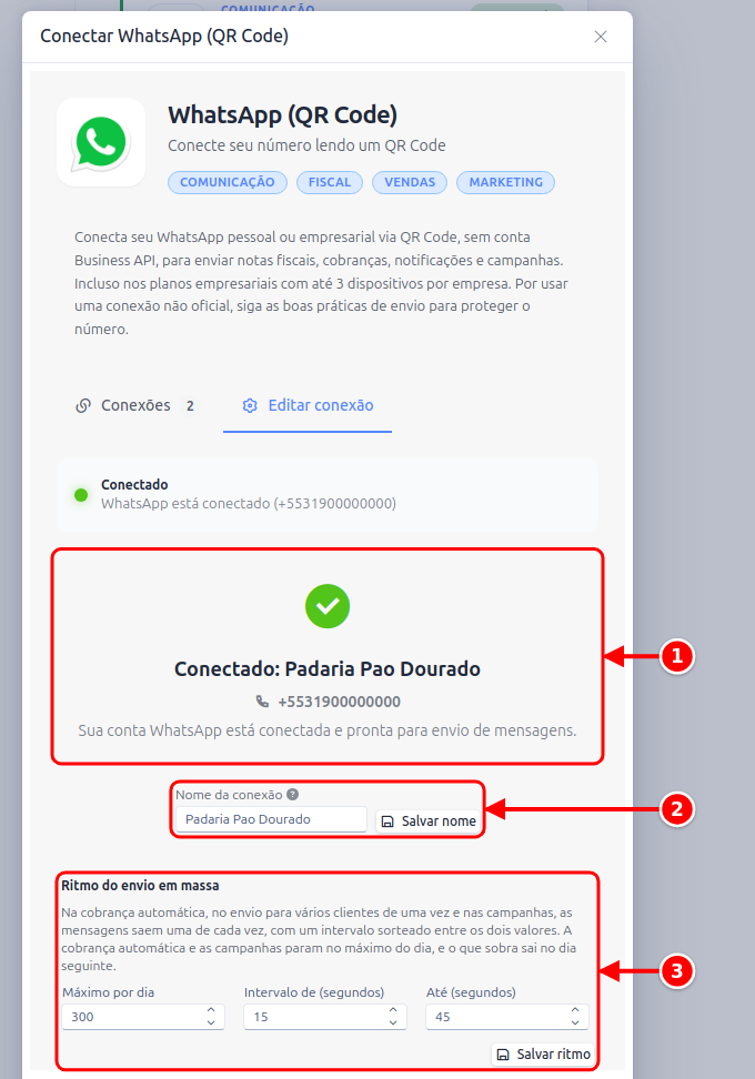 Conexão do WhatsApp conectada, com o número, o nome da conexão e o ritmo do envio em massa numerados de 1 a 3