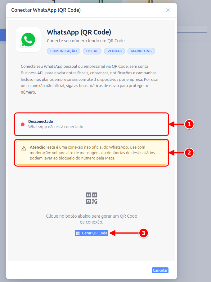 Janela Conectar WhatsApp (QR Code) desconectada, com o status, o aviso e o botão Gerar QR Code numerados de 1 a 3