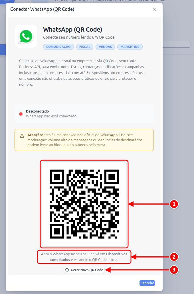 Janela com o QR Code gerado, as instruções e o botão Gerar Novo QR Code numerados de 1 a 3