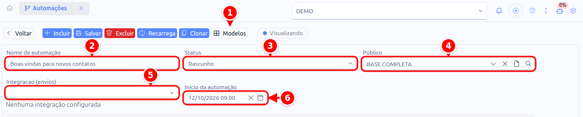 Cadastro de uma automação com Modelos, Nome da automação, Status, Público, Integração e Início da automação, numerados de 1 a 6