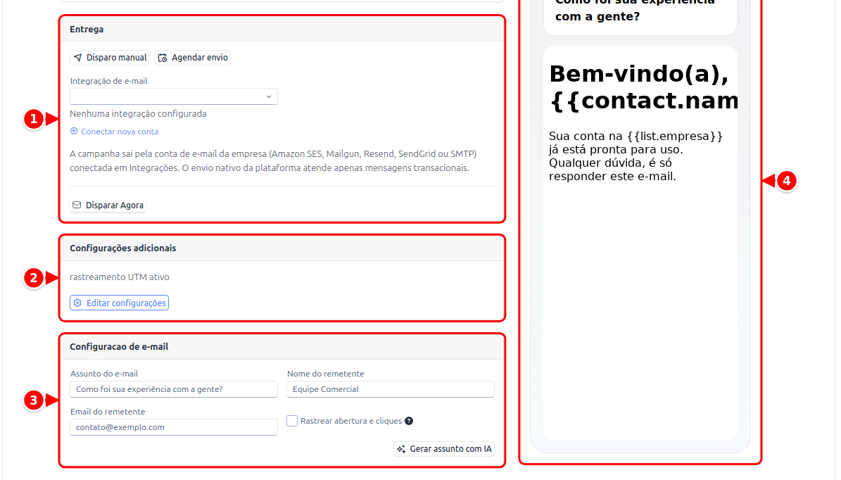 Parte de baixo do formulário com os cards Entrega, Configurações adicionais e Configuração de e-mail e a pré-visualização, numerados de 1 a 4