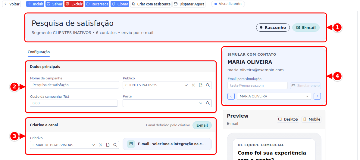 Formulário de uma campanha com o cabeçalho, os cards Dados principais e Criativo e canal e o quadro Simular com contato, numerados de 1 a 4