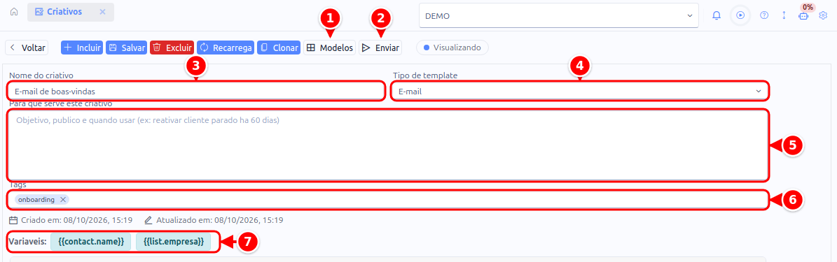 Formulário de um criativo de e-mail com Modelos, Enviar, Nome do criativo, Tipo de template, Para que serve, Tags e Variáveis, numerados de 1 a 7