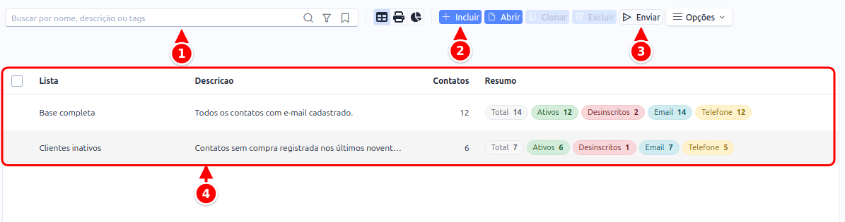 Listagem de Listas com a busca, os botões Incluir e Enviar e a grade de listas, numerados de 1 a 4