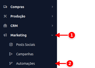 Menu lateral com Marketing e Automações numerados de 1 a 2