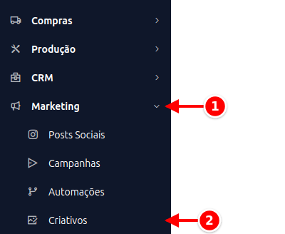 Menu lateral com Marketing e Criativos numerados de 1 a 2