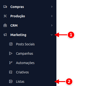 Menu lateral com Marketing e Listas numerados de 1 a 2