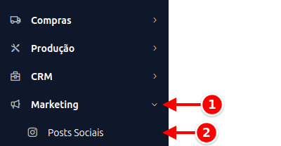 Menu lateral com Marketing e Posts Sociais numerados de 1 a 2