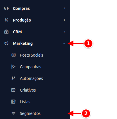 Menu lateral com Marketing e Segmentos numerados de 1 a 2