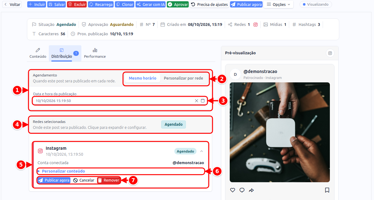 Aba Distribuição com o agendamento, a data e hora, as redes selecionadas e o cartão do Instagram com Personalizar conteúdo e os botões Publicar agora, Cancelar e Remover, numerados de 1 a 7