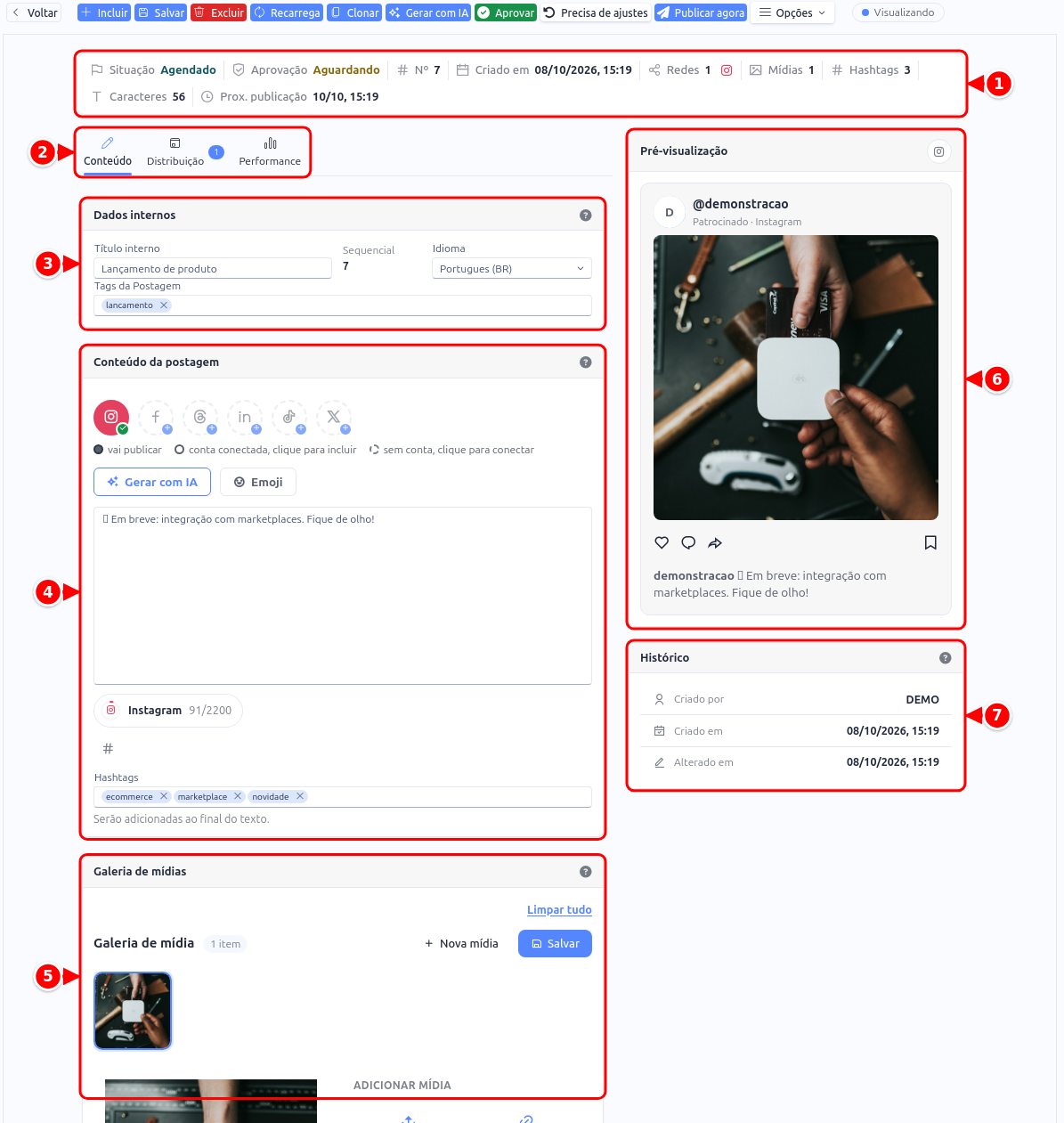 Post aberto na aba Conteúdo, com a faixa de situação, as abas, os dados internos, o conteúdo da postagem, a galeria de mídias, a pré-visualização e o histórico, numerados de 1 a 7